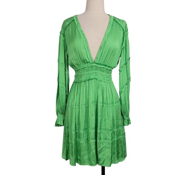 Maje Satin Pleated Mini Dress Sz 34 XS Ruffled Smocked V Neck Long Sleeves Fairy - Picture 1 of 13